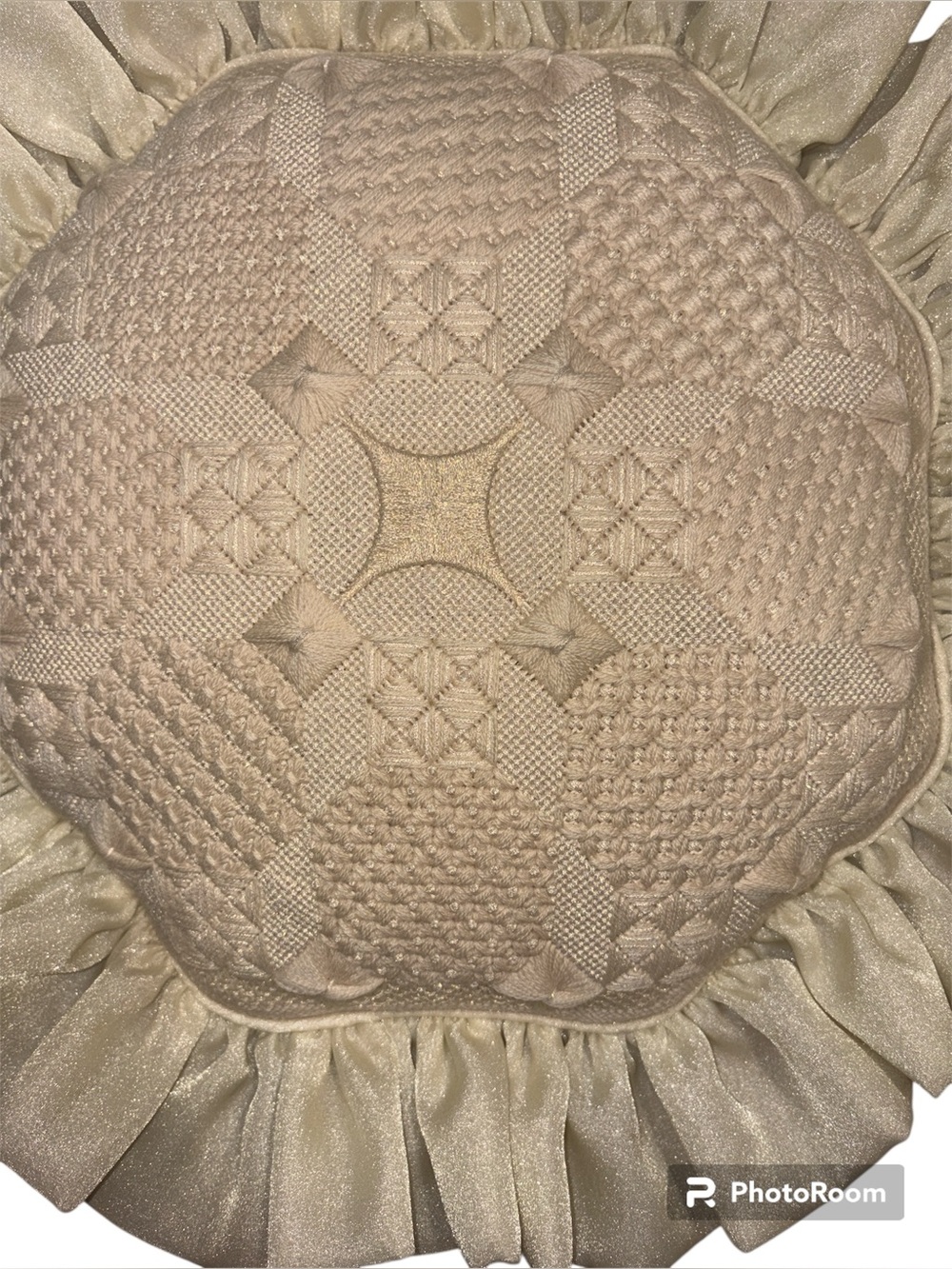 VTG 70s/80s Embroidered Pillow Cream Cotton Ruffle 1980s Cottagecor